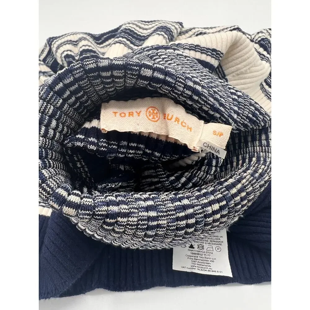 Tory Burch Womens Striped Turtleneck Sweater White Navy Blue Size S/P Small
